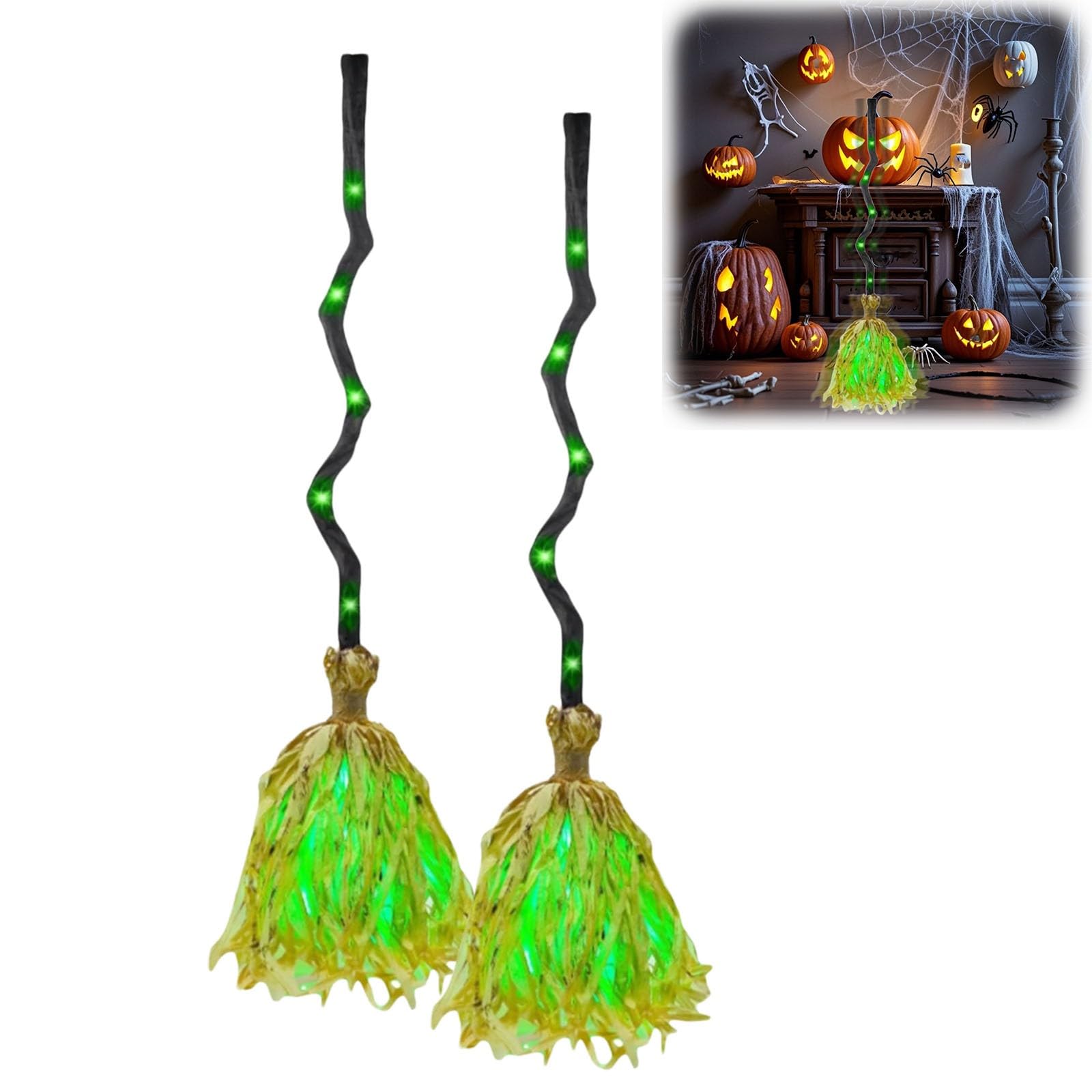 Animierter Halloween-Hexenbesen, beleuchteter beweglicher Besen mit grünem Leuchten, tanzender magischer Besen für drinnen und draußen, Veranda, Hof, gruselige Spukhaus-Dekoration, 90 cm (2)