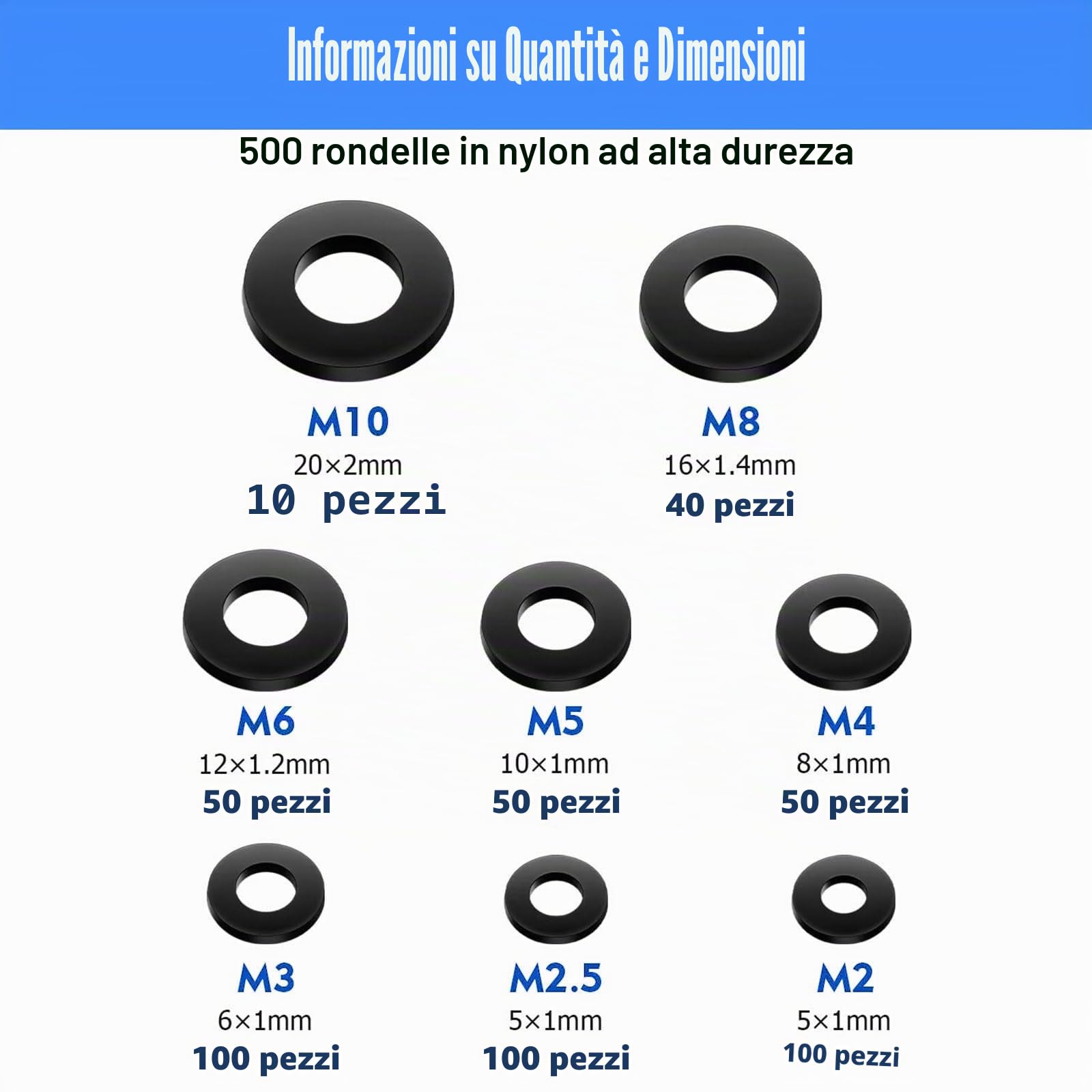 500 Pezzi Rondelle in Nylon, Rondella Piatta Plastica Assortimento Kit, Rondelle di Tenuta Circolare Isolante, Nero, M2/M2.5/M3/M4/M5/M6/M8/M10, per Fissaggi Guarnizioni Rondella