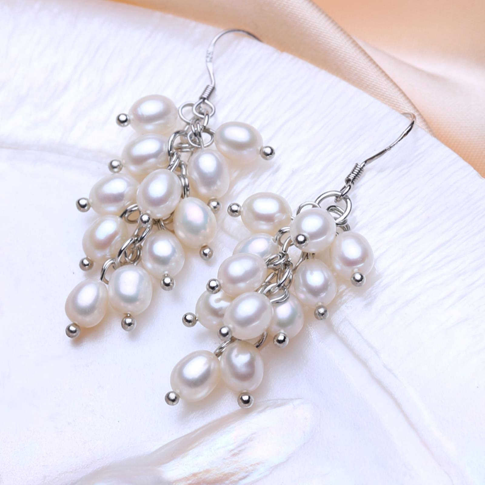 LOKILOKI Set di Gioielli da Sposa Moda Naturale Collane con Ciondolo di Perle d'Acqua Dolce Orecchini Pendenti da Donna Elegante Set di Anelli con Molte Perle