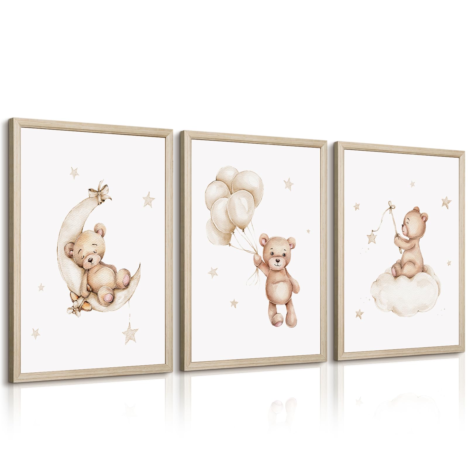 Bear Nursery Wall Art Decor Set of 3 Teddy Bear Canvas Wall Art Baby Boy Nursery Decor Prints Neutral Pictures Moon Star Cloud Print for Girls Children Room 16x24 Inch Wood Framed — image 1