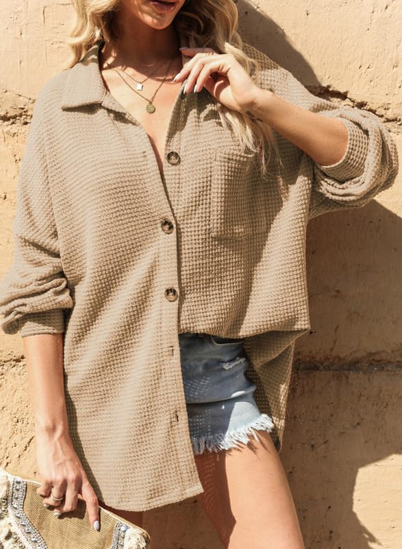 Image of Dokotoo Womens Waffle Knit Shacket Jacket Casual Button Down Shirts Tops