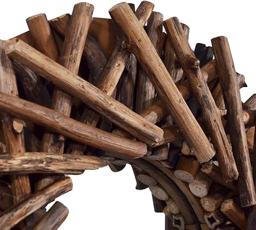 Miniatura 5 de vidaXL Espejo de pared redondo de madera de teca de 23.6 pulgadas, marco de ramas de árbol tejido a mano, estilo rústico de granja, tocador estable