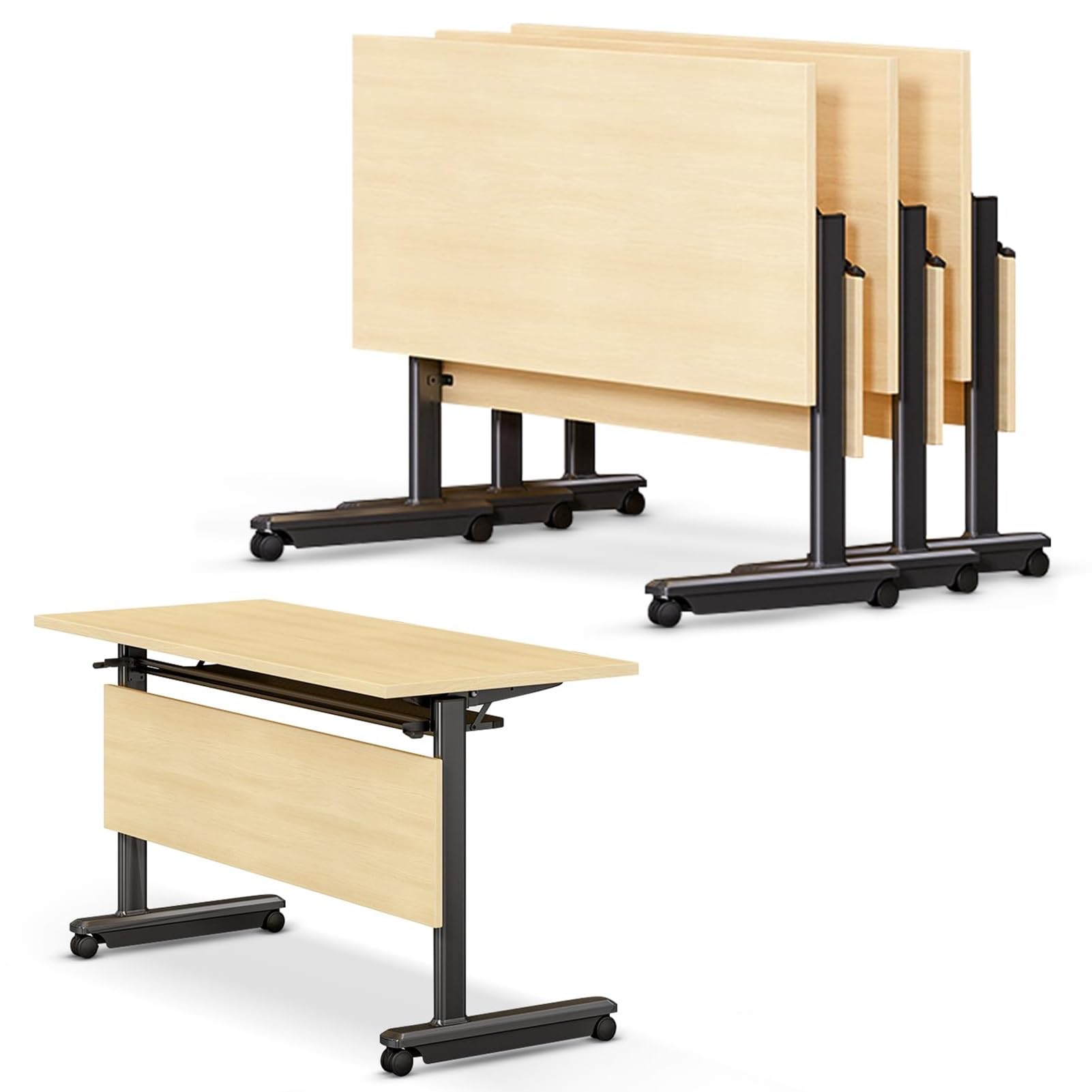 HTDRE Folding Rolling Conference Table with Baffle - Stackable Mobile Training Table for Office & Classroom Use Space-Saving Design Easy Mobility & Versatile