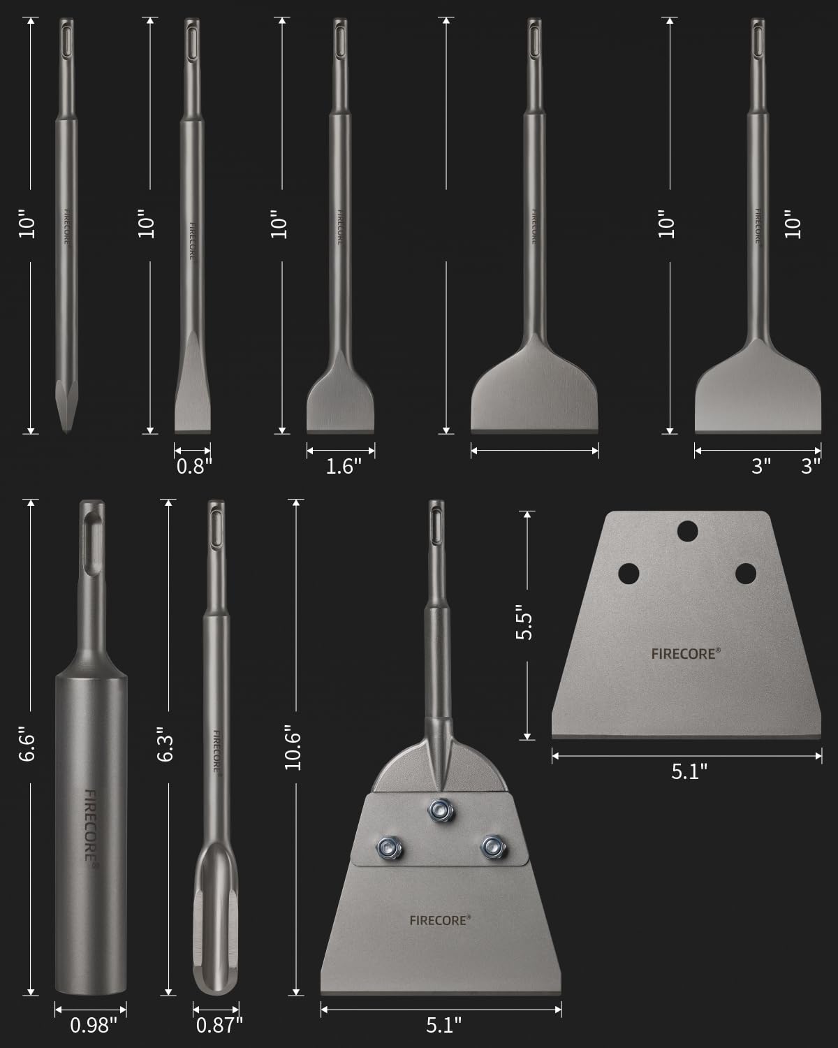 SDS Plus, set di 8 scalpelli Firecore, scalpelli per piastrelle, scalpello per stucco SDS Plus, scalpello curvo/piatto, scalpello per scanalature, scalpello a punta per sminuzzare mattoni, cemento e