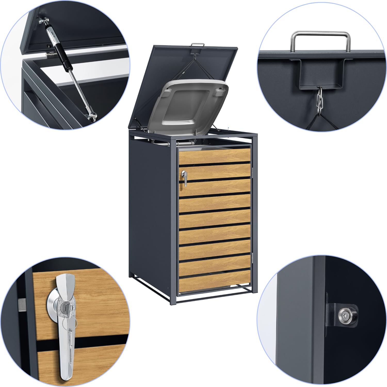 Phoenix Safe Mülltonnenbox aus Stahl – Eichenholz-Optik – wetterfeste Außen-Mülltonnen-Einhausung mit Gasdruckfedern und Verriegelungssystem – Größe: 80 x 68 x 116 cm - für alle Mülltonnen geeignet