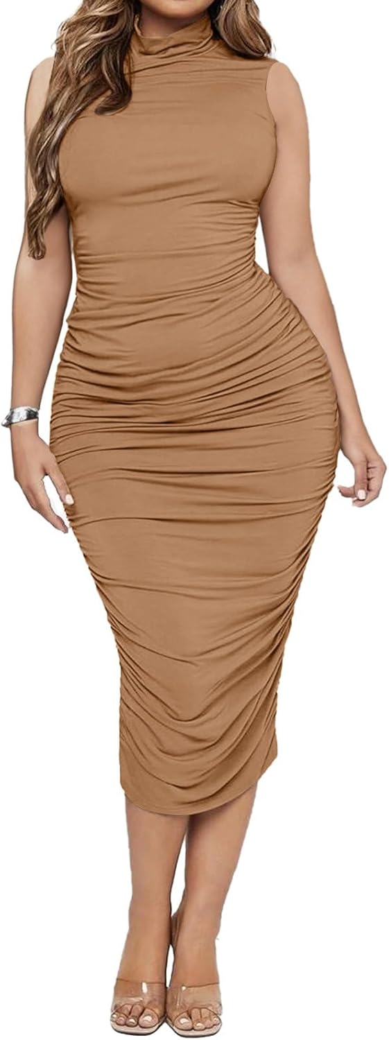 Ekaliy Women's Ruched Bodycon Midi Dress Sexy Mock Neck Sleeveless Pencil Dresses - Image 5