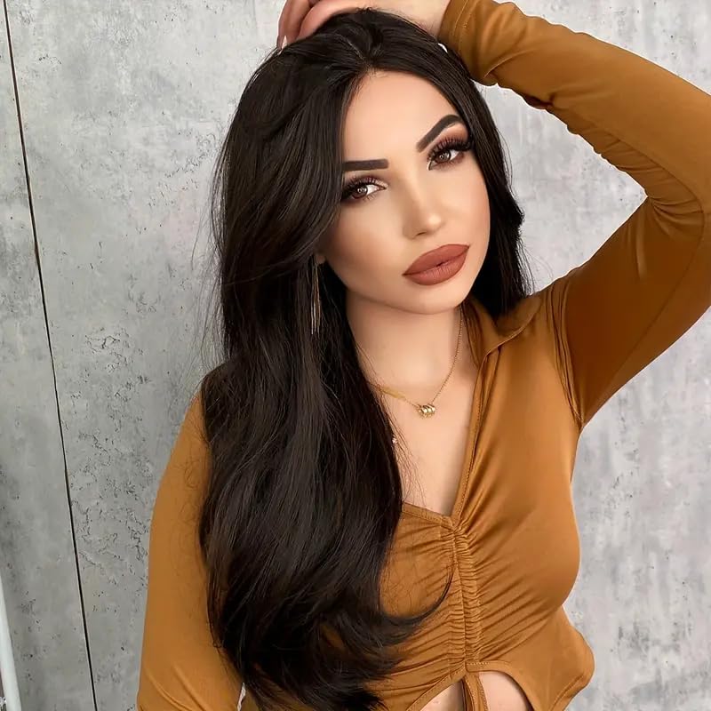Image of Long Brown Wavy Hair Wig for Women | 26-Inch Heat-Resistant Synthetic Hair | Natural-Looking & Washable | Includes Wig Cap & Comb