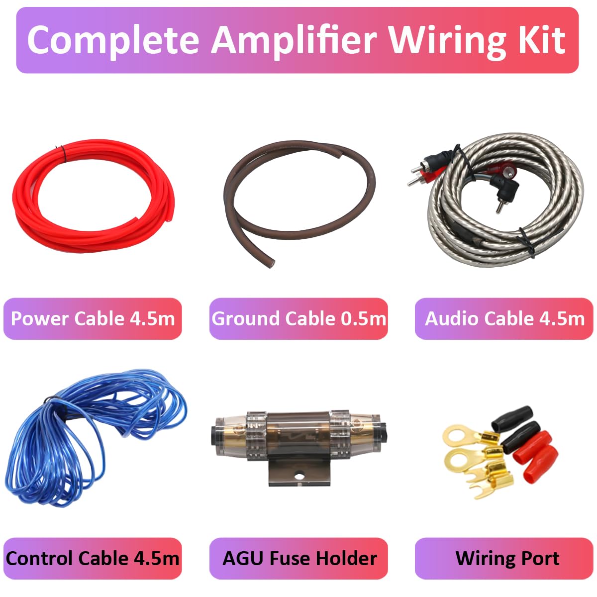 4GA Kit Cavi Amplificatore per Auto 4AWG Set di Cavo per Amplificatori 2500W Cablaggio Completo Ampli Installazione Audio Subwoofer Stereo Connettore RCA Fusibile