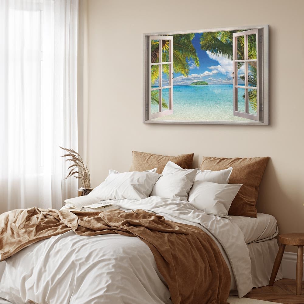 murando - Quadro Finestra Su Isola 120x80 cm 1 Pezzo - Stampa su Tela Strutturata XXL Grande - Quadri Moderni Soggiorno Grandi - Stampe da Parete Murale Arte Moderno Azzurro Mare c-C-0090-b-a
