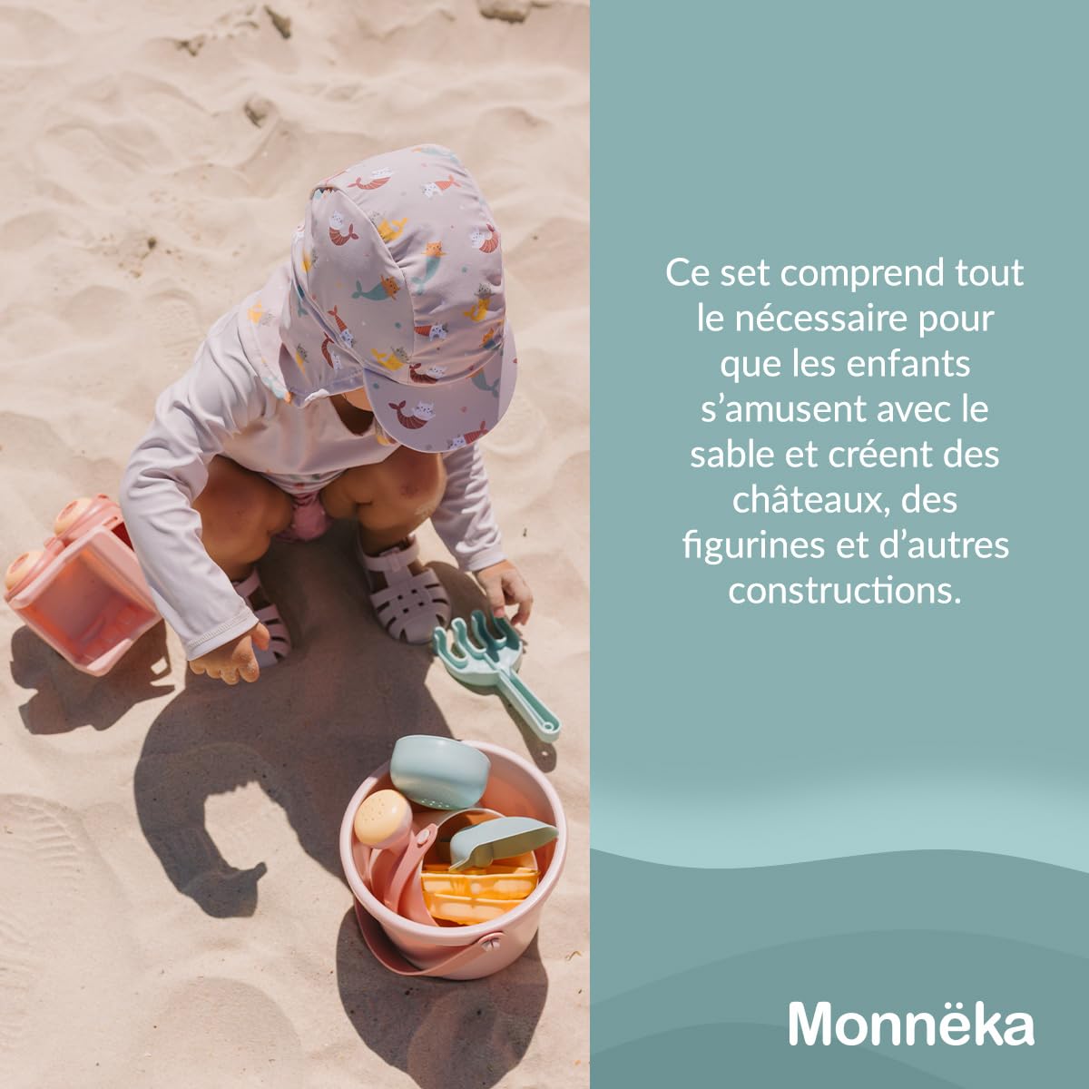 Set de Jouets de Plage | Jouets de Sable Écoresponsables et Sûrs dès 6 Mois | Kit avec Seau, Pelles, Râteau, Arrosoir et Camion | Facile à Transporter pour Plage | Whale Teal