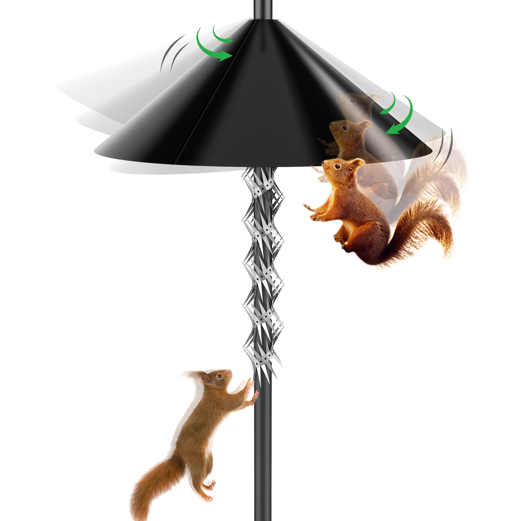 2-in-1 Squirrel Baffle for Bird Feeder Pole Shepherds Hooks with 40" Spikes Set, 19" Dia Raccoon Buster Cone, Bird House Guard for Outdoors Stand Mount & Hanging,Rust Chew Proof Heavy Duty ABS