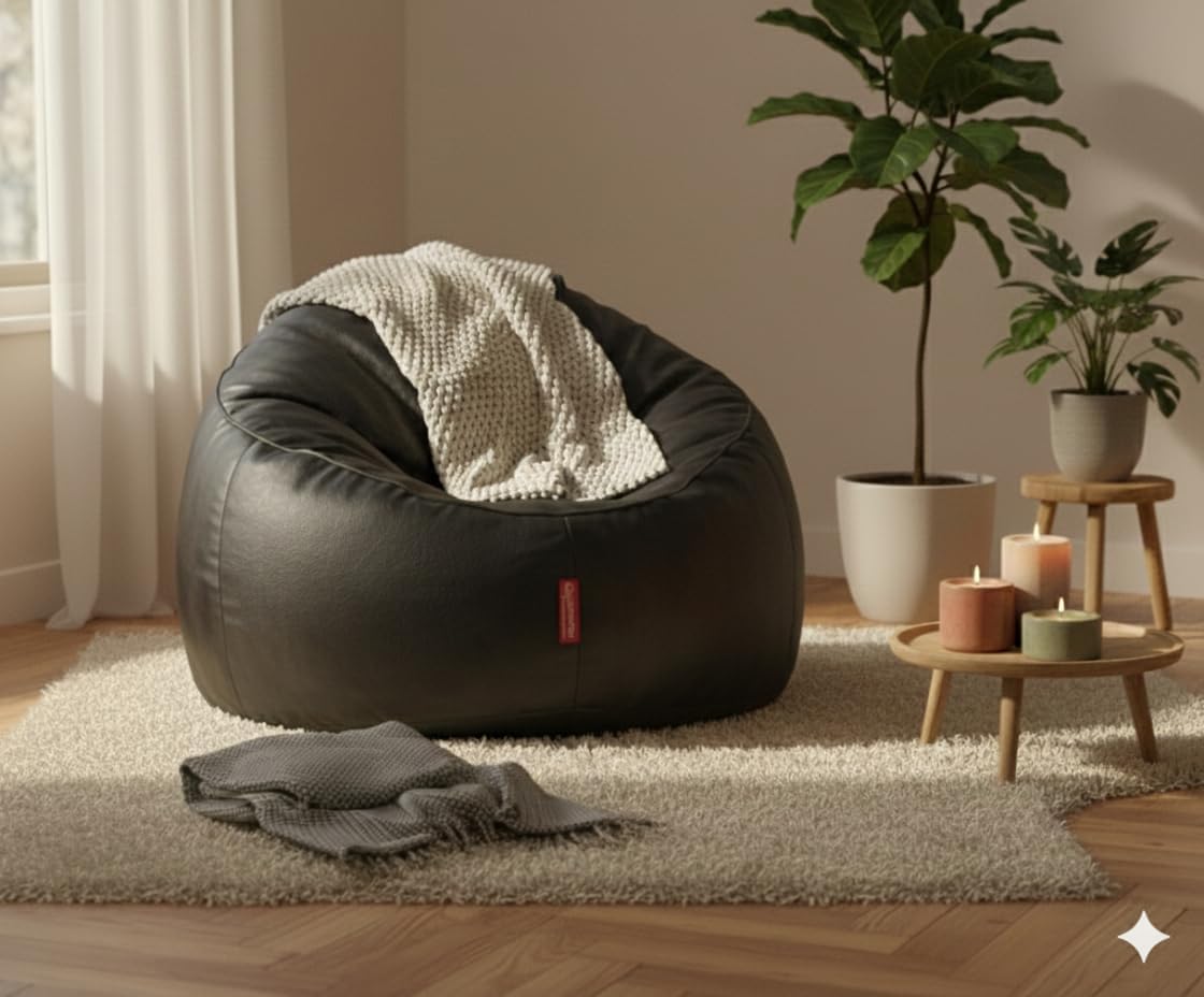 Couchette� Bean Bag Chair Cover XXXL, Frio Model in Black Faux Leather, Cool Round Design for Adults & Teens refillable Cover (Without Beans)