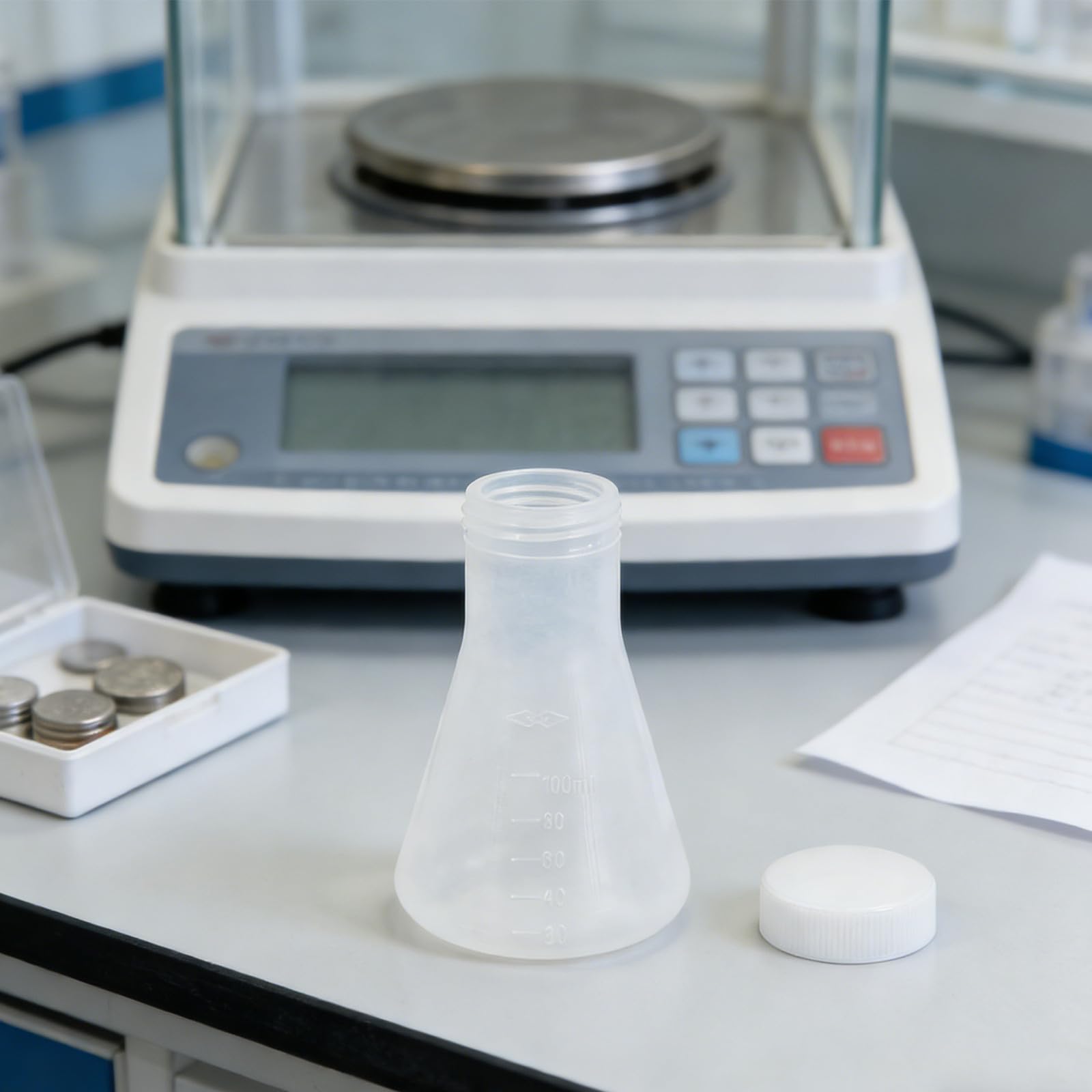 20 Matraces Erlenmeyer de Plástico Blanco de 100ml con Tapa | Diseño Cónico Hermético, Uso Repetido, para Investigación y Entornos Biológicos