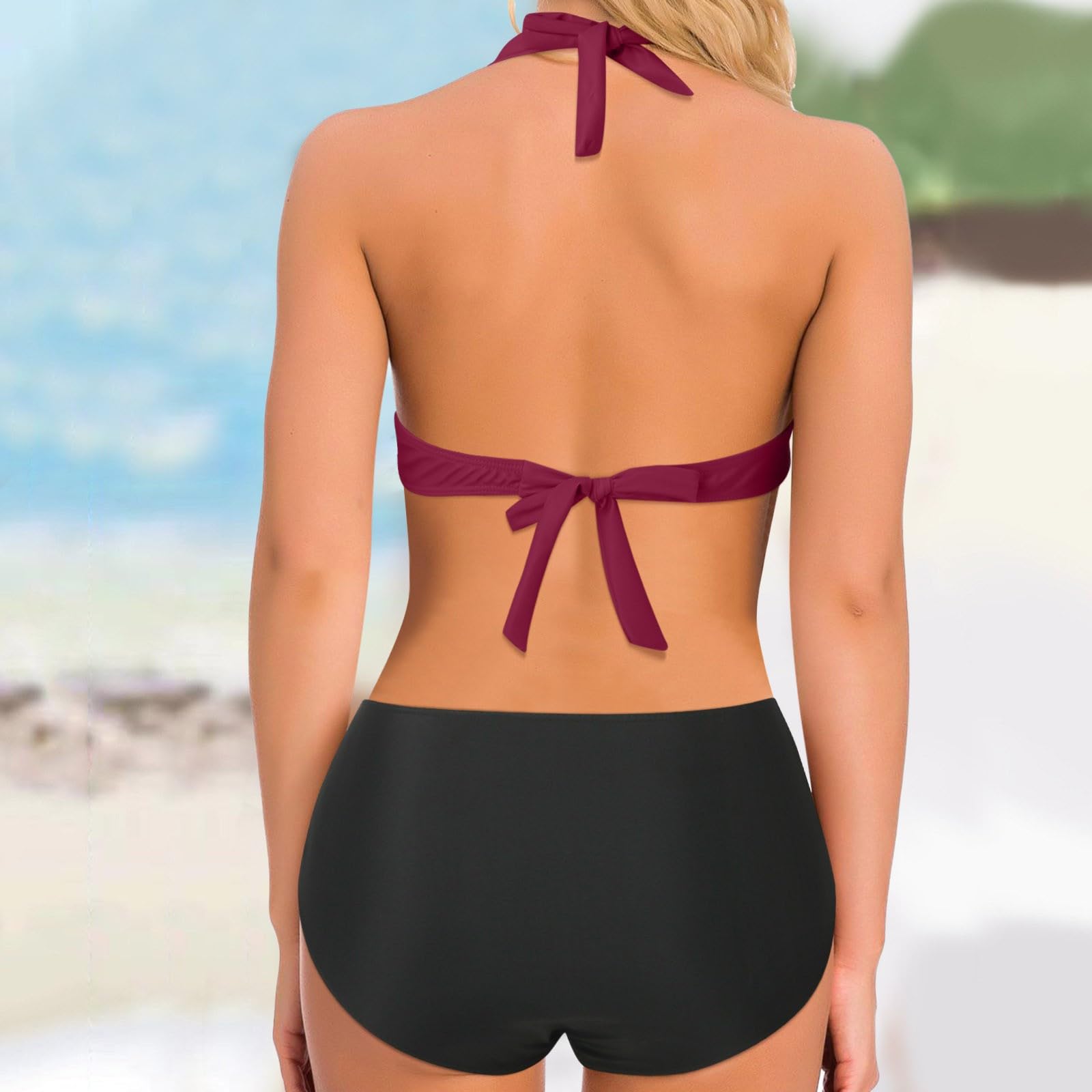 Conjunto de bikini para mujer, bikini estampado con parte inferior, color rojo vino, talla XXL