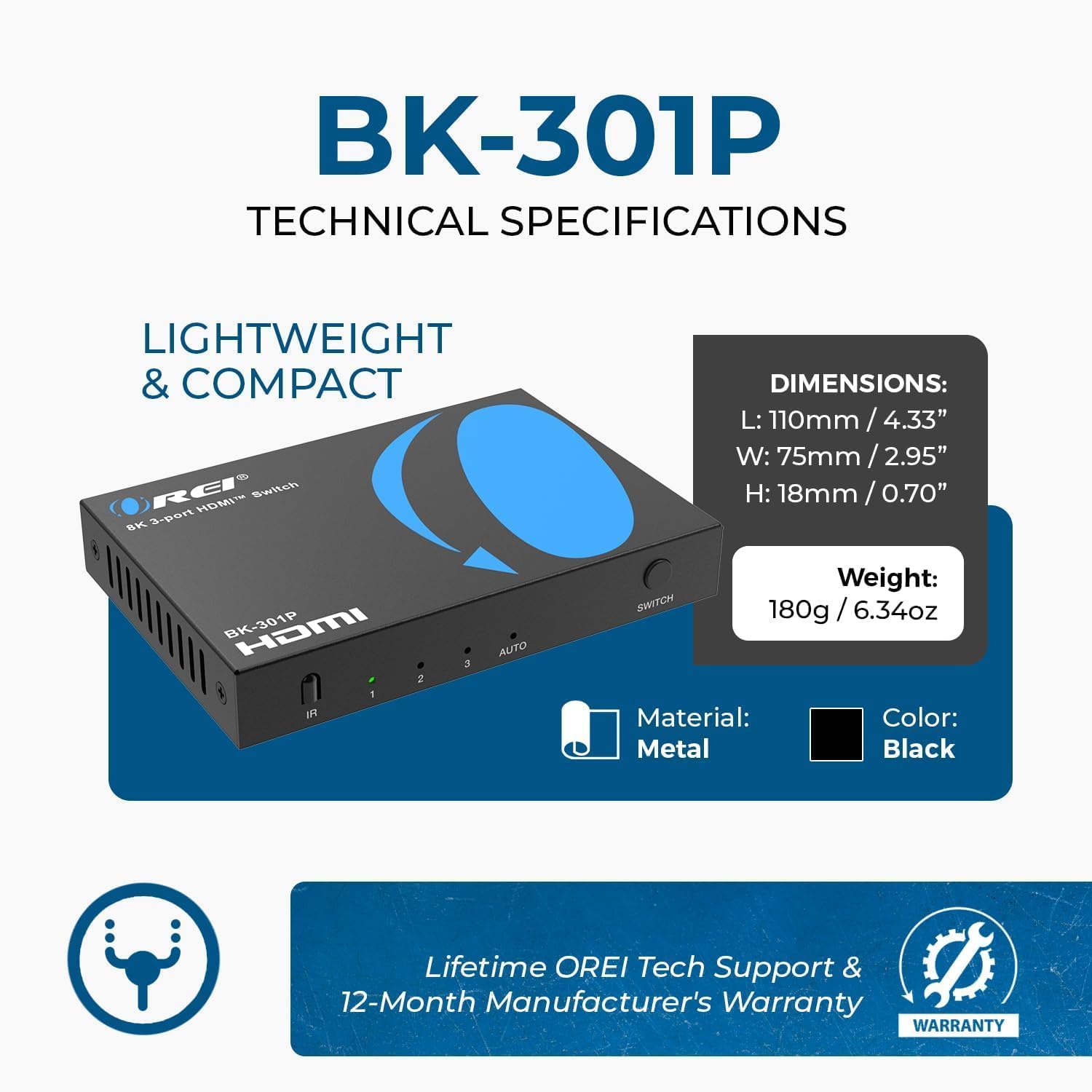 OREI 8K 3-Port HDMI 2.1 Switch, 3 Zoll 1-Out, 8K @ 60Hz, manueller & automatischer Schalter