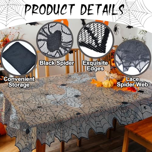 Image of 54 x 72 Inch Spider Web Lace Tablecloth, Black Cobweb Design Table Cover, Spooky Gothic Table Cloth Decoration for Halloween Dinner Haunted House Themed Party Supplies