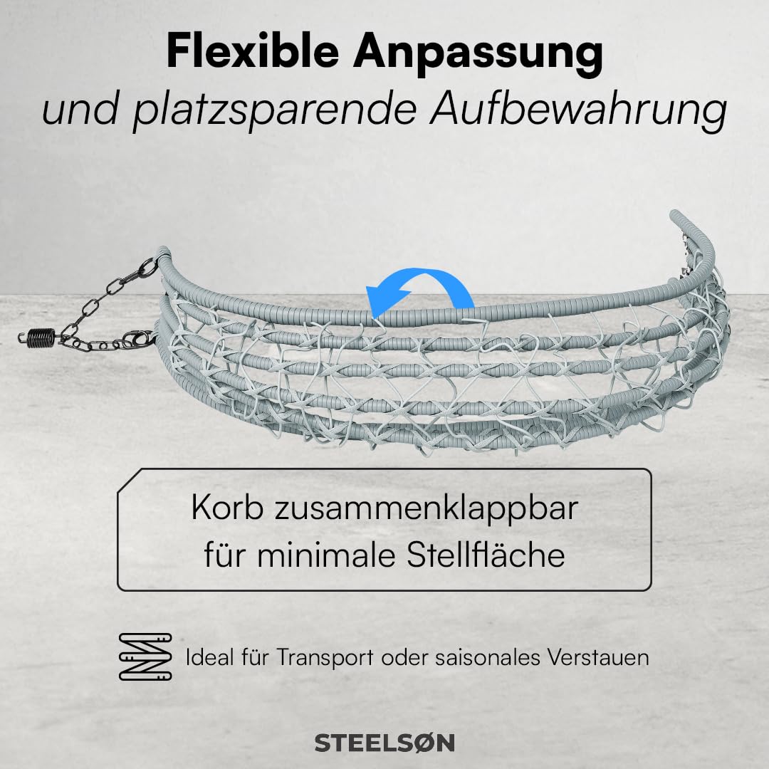 STEELSØN Alarian Hängesessel mit Gestell – Hängestuhl Rattan Outdoor & Indoor mit Kissen – Hängekorb Grau höhenverstellbar – Gartenschaukel für Erwachsene & Kinder – Hanging Chair faltbar bis 150kg