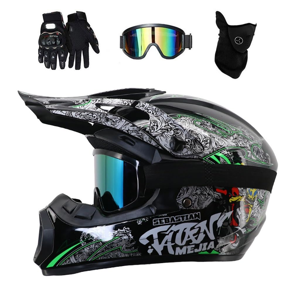 Full Face Motocross Helmet, with Goggles Gloves Mask, Youth Kids Off Road Sport ATV Scooter Motorbike Crash Helmet, Downhill Enduro MTB BMX Racing Quad Dirt Bike Helmets(Z10,S/52-55CM)