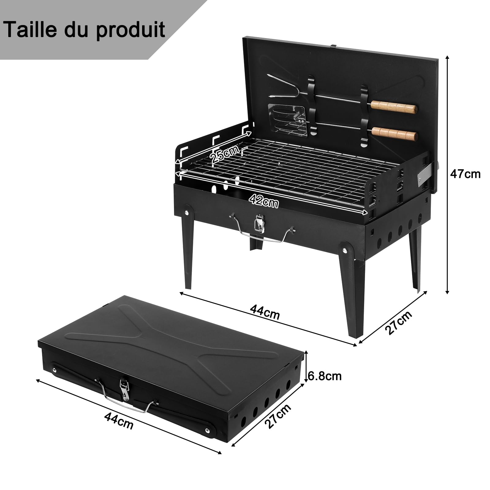 Przenośny grill z pokrywką, składany, 44 x 27 x 22 cm, grill na kemping i do użytku na zewnątrz, zestaw z widelcem i szpatułką, czarny, idealny do bagażnika