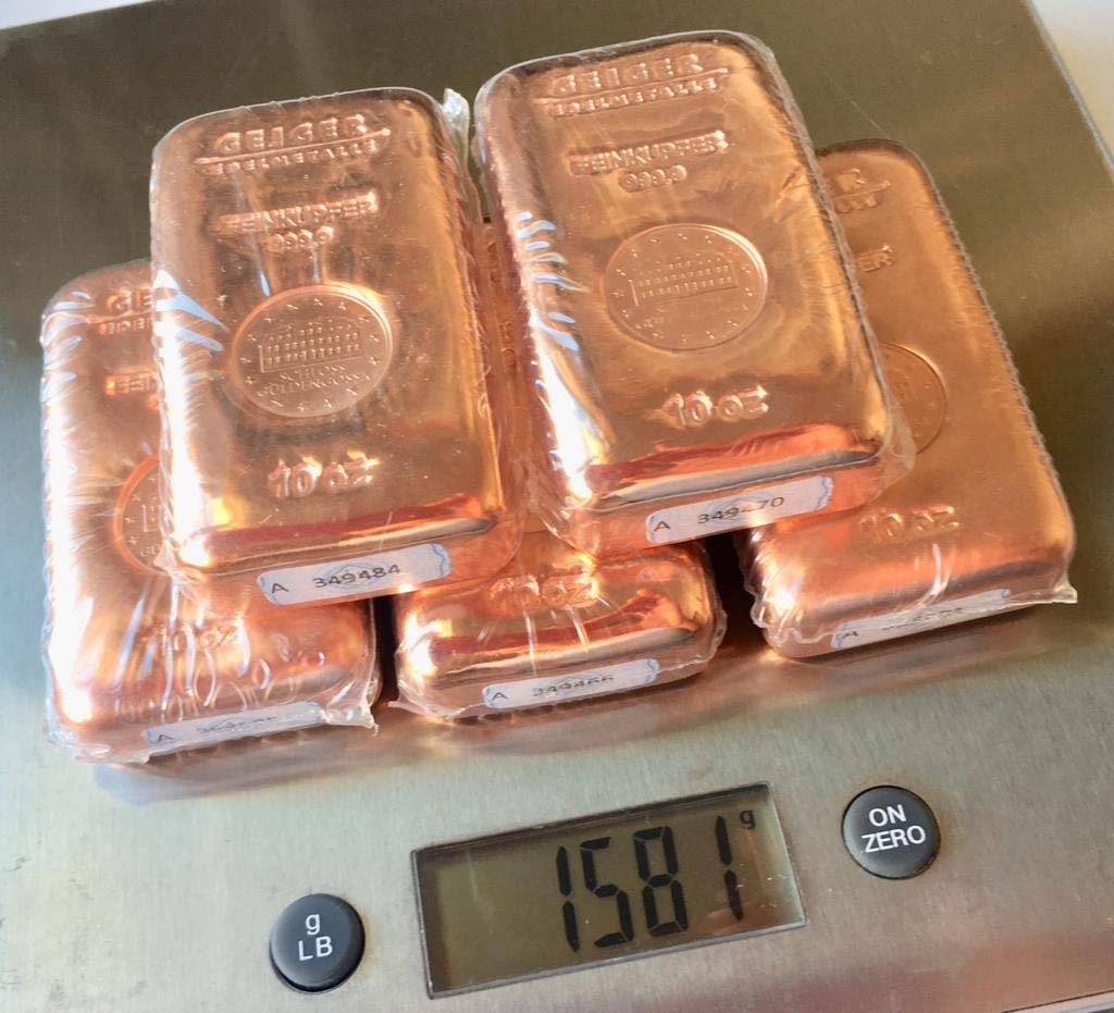 Lot de 5 lingots de cuivre de 311 grammes (10 oz) chacun (50 oz au total, 1555 grammes de cuivre) de la raffinerie allemande de métaux précieux Geiger Edelmetalle
