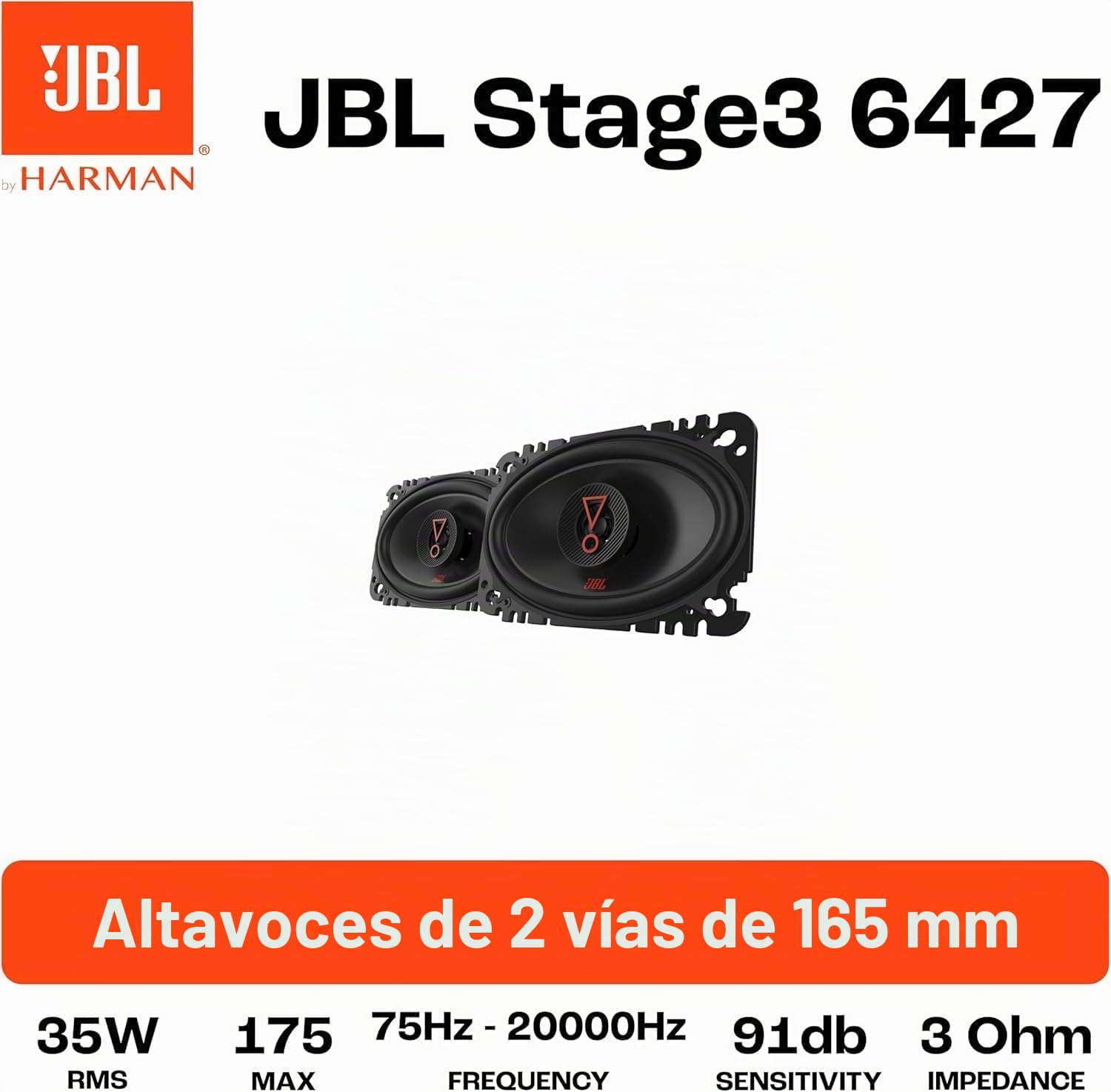 JBL Stage3 6427 - Juego de altavoces coche de 2 vías de Harman Kardon - Altavoz coche de 175 vatios - Echo Auto ovalada JBL de 100 x 152 mm (4"x 6")