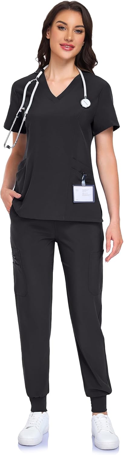 Scrubs for Women Set - V-Neck Scrub Top & Jogger Pant with 10 Pockets, 4 Way Stretch Nurse Uniform