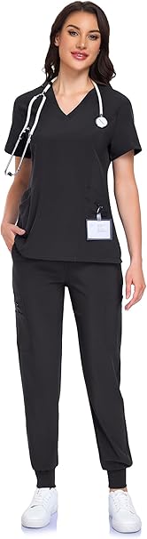 Scrubs for Women Set - V-Neck Scrub Top & Jogger Pant with 10 Pockets, 4 Way Stretch Nurse Uniform