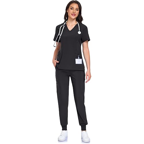 IONARD Scrubs for Women Set - V-Neck Scrub Top & Jogger Pant with 10 Pockets, 4 Way Stretch Nurse Uniform