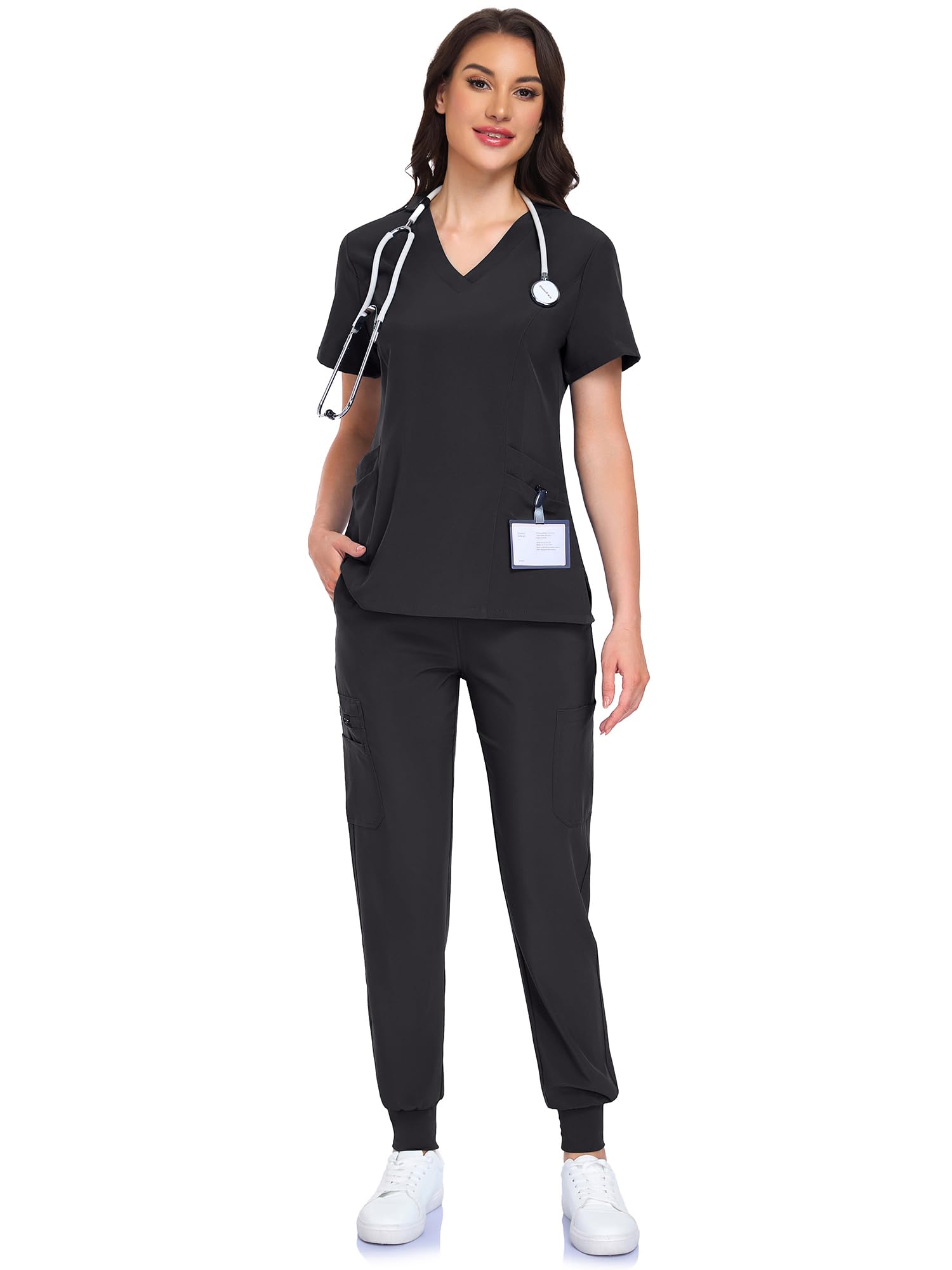 IONARD Scrubs for Women Set - V-Neck Scrub Top & Jogger Pant with 10 Pockets, 4 Way Stretch Nurse Uniform