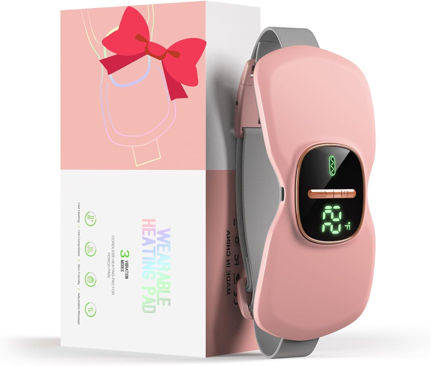 Period Cramp Relief Heating Pad Massager | Portable Cordless Menstrual Pain Relief Massage with 3 Heat Modes & 3 Massage Modes | Bigger Front LED Display with Battery & Temperature Indication | Back & Belly Heating Pad for Women