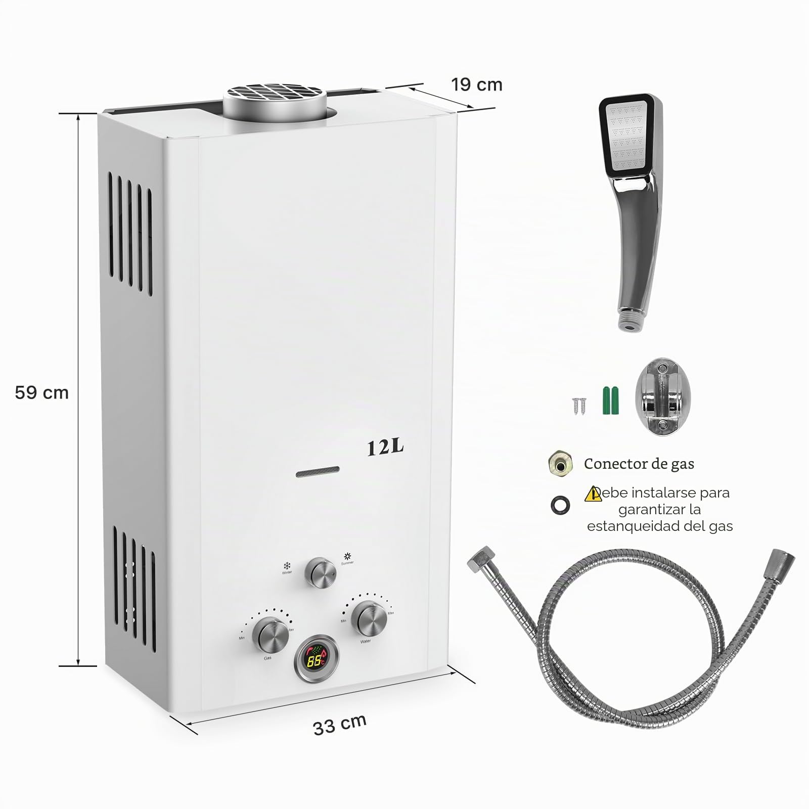 Xverycan Calentador de Agua Butano 12 LPM, 24 KW Termo de Gas GLP, Arranca con Solo 0,25 Bar de Baja Presión, Doble Encendido, Modo Estacional para Ahorrar Gas, para Hogar y Exterior