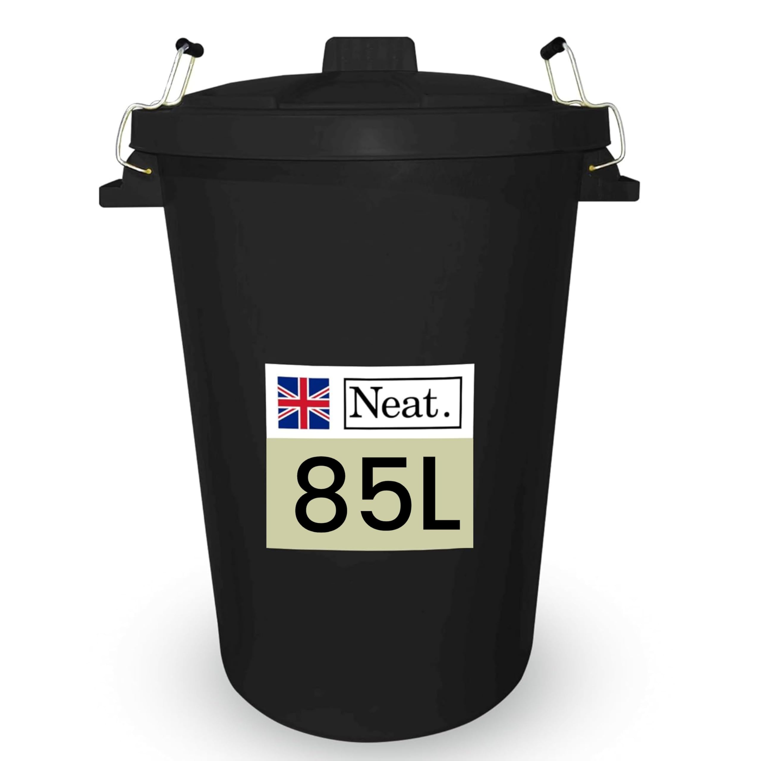 Neat. Extra Large Plastic Dustbin with Clip Locking Lid - Heavy Duty Garden Bin for Rubbish, Recycling, Animal Feed, and Storage, 85 Litre, Black, Pack of 1