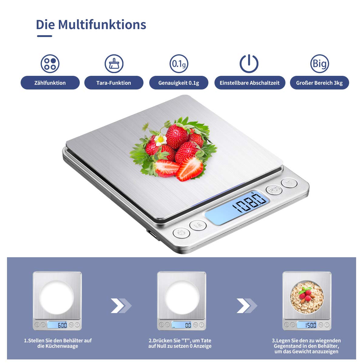Bilancia da cucina digitale con ricarica USB, 3kg/0.1g Bilancia digitale ad alta precisione per la casa, per ingredienti da forno, gioielli, francobolli e caffè, superficie di pesatura in