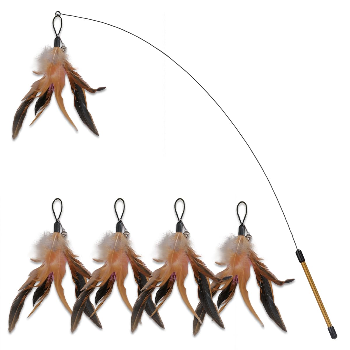 BOLDPIN 5Pcs Feather Refills + 1 Wand Vibrant Feathered Cat Toy Wand for Indoor Cats, Enhance Your Pet's Playtime with Exciting Replacement Feathers Cat Toys (C 5Pcs Feather Refills + 1 Toys Wand)
