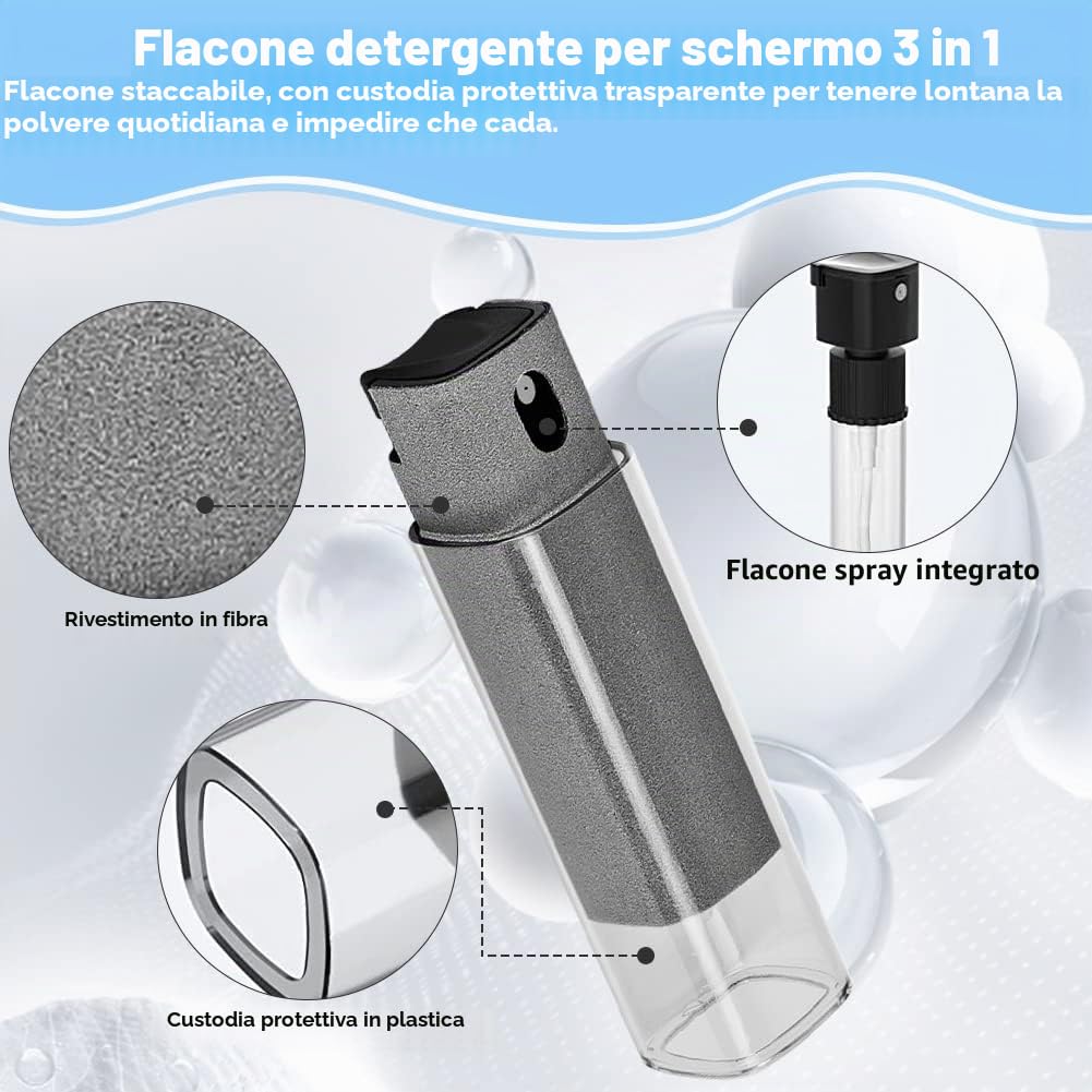 REFORUNG 3 Pz Pulitore per Schermo a Prova di Impronte Digitali 2 in1 Spray Detergente per Schermo del Telefono 2 in 1 Bottiglia Spray Pulisci Schermo e Panno per Tutti i Telefoni, Superficie in Vetro