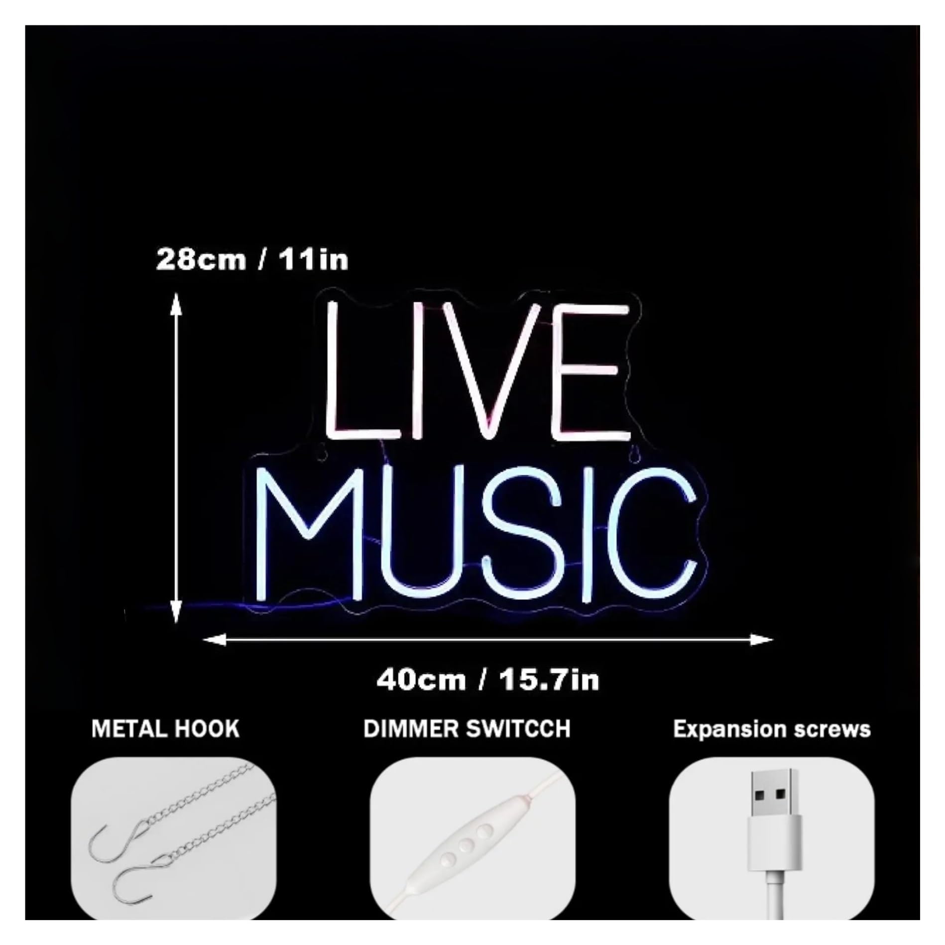 Luz de Diseño de Digital Letrero De Neón Live Music Letra De Luz Regulable Para Decoración De Arte De La Pared Alimentada Por USB Para Estudio Sala Bar Discoteca 40cm×28cm