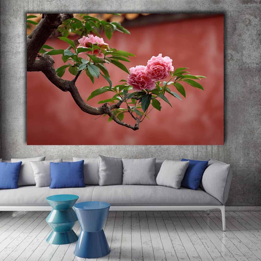 CUDAOO Semplice arte botanica Stampe su Canvas Peonia rosa per Camera da Letto Agriturismo Soggiorno Bagno(rosso)-60x90cm Incorniciato