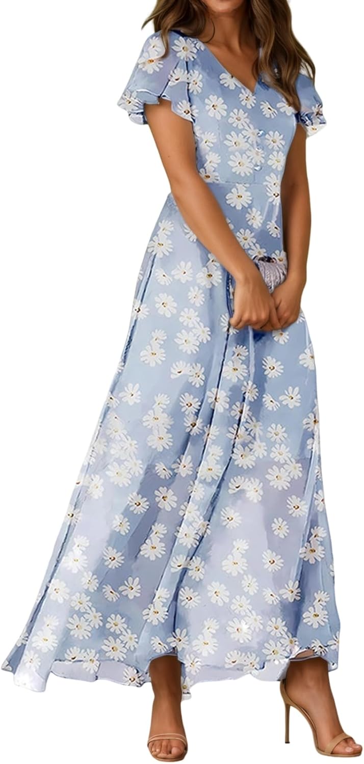 TIAFORD Women's Floral Chiffon Boho V Neck Beach Dress Summer Ruffle Short Sleeve Maxi Dresses for Beach Wedding Guest 2026