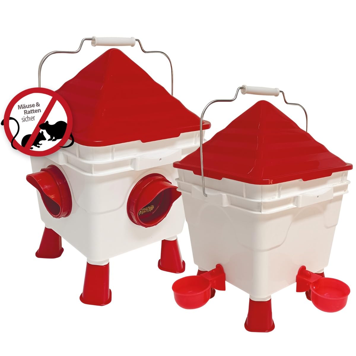 Breker Hühner Tränkeeimer 8 L + Futterautomat 6 KG [mit ABNEHMBAREN STANDBEINEN] Futterspender & Hühnertränke für Hühner, Enten und Gänse - inkl. 1M Metallkette - Automatiktränke - mit 4 Öffnungen