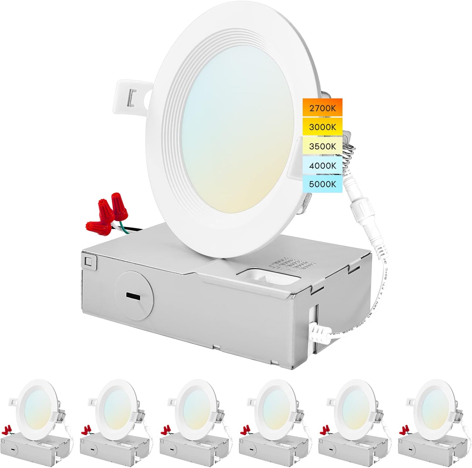 LUXRITE 4 Inch Ultra Thin LED Recessed Lighting, 10.5W, 5 Color Selectable 2700K | 3000K | 3500K | 4000K | 5000K, CRI 90, 750 Lumens, Dimmable LED Wafer Lights, Wet Rated, Baffle Trim (6 Pack)