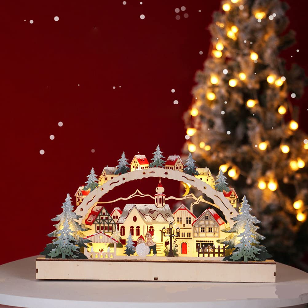 Generic Décoration de village de Noël à LED, maison de Noël, arche lumineuse à LED, détaillée et décorative, pour décorations de village de Noël, fabriquée en bois, 38 x 5 x 22 cm