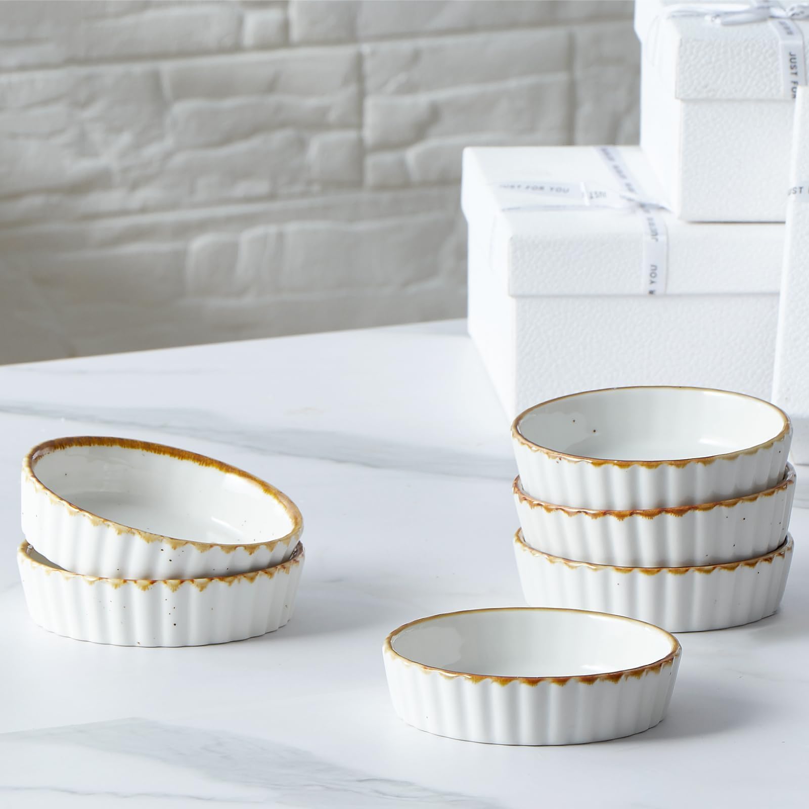 ONEMORE Cerámica poco profunda Ramekin Verti Line, color blanco crema juego de 6
