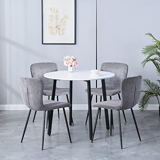 GOLDFAN Round Dining Table and Chairs Set 4,White Kitchen Table with 4 Well Designed Velvet Chairs,90cm Dining Set for Dining Room Kitchen (4, White&Dark Grey)