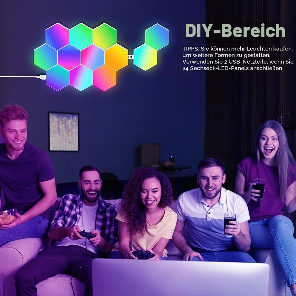 URAQT Sechseck Gaming Wandleuchte, 12 Stück Hexagon LED Panel RGB Smart Wand Panel App Steuerung Musik Sync Wandbeleuchtung Smart Sechseckige Gamer Room Deko Modular Lampe