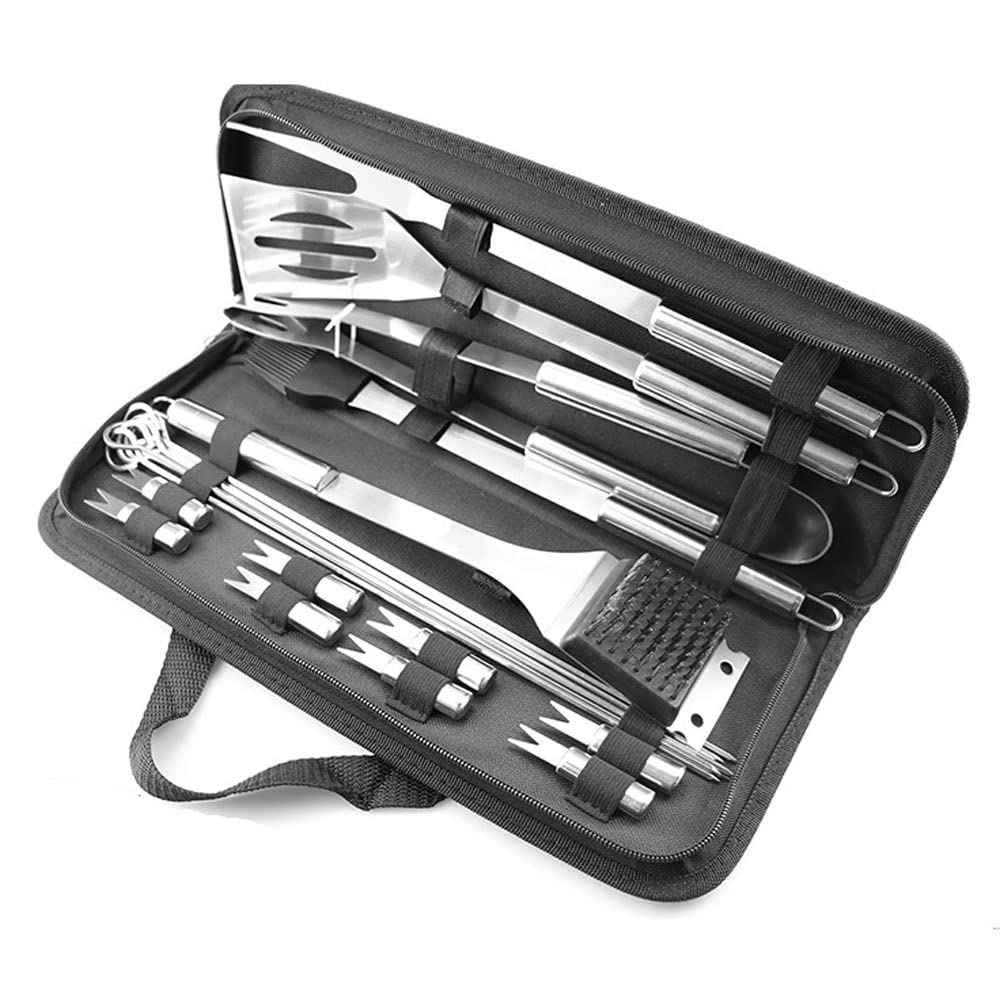 Generico Set di Utensili per Barbecue in Acciaio Inossidabile, con Manico Lungo Antiscivolo E Resistente al Calore, 20 Pezzi, Pratico da Portare Sempre con sé, Ideale per Campeggio E Picnic