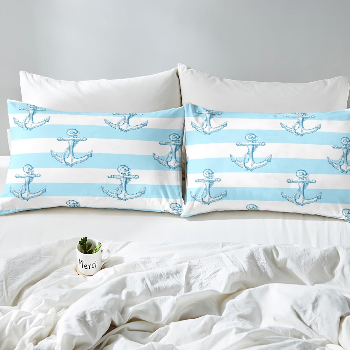 Anchors - Juego de sábanas bajeras de 3 piezas con diseño de ancla náutica y 2 fundas de almohada, 3 piezas, para decoración de habitación de niños y niñas, de poliéster suave