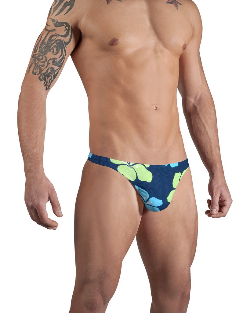 Brand Men's Swim G-String Thong in Ribbed Green Blue Print