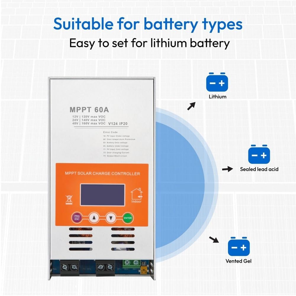 Controlador Solar MPPT de 60A, Controlador de Seguimiento de Máxima Potencia MPPT, Controlador Solar Automático 12V/24V/48V, Controlador Solar para Batería de Plomo-Ácido.