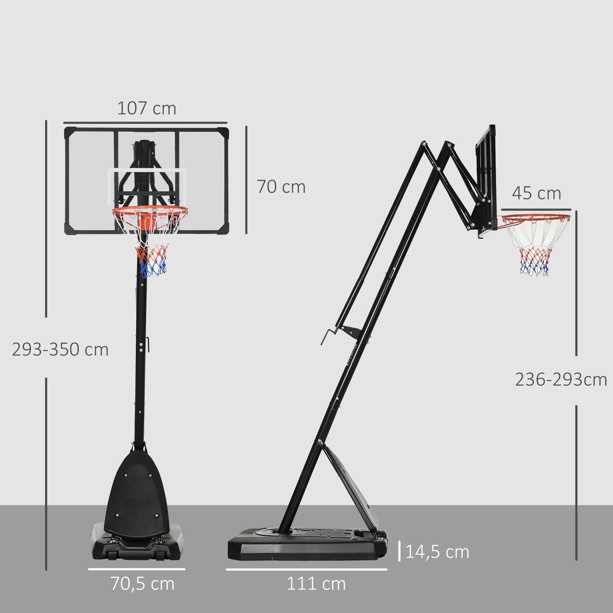 SPORTNOW Basketballkorb Outdoor Basketballständer mit Rollen 107x70cm Rückwand, Mobiler Basketballkorb mit Ständer, verstellbare Korbhöhe 236-293 cm, Basketballanlage für Jugendliche Erwachsene