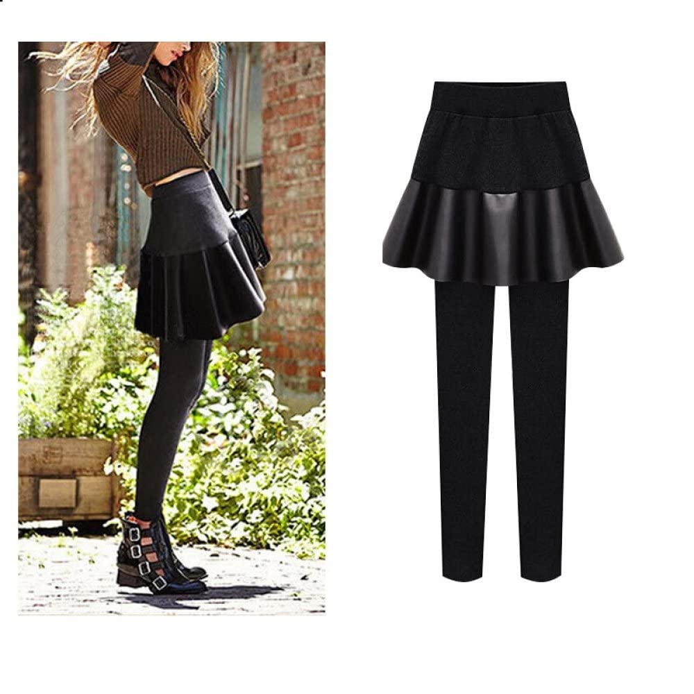 Winter Leggings Damen,Frauen Thermische Leggings Fashion Plus Size Gefälschte Zwei Schwarze Pu-Leder Faltenrock Hoch Taillierte Leggings Dickes Fleece Gefüttert Dehnbare Hose Strumpfhosen Für Den